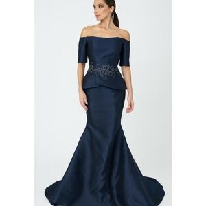 NWT Park 108 Off-Shoulder Embellished Peplum Mermaid Gown M202 in Navy Size 4